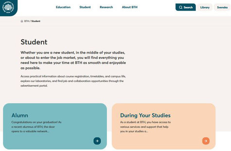 Skärmdump av studentsidor på nya webben