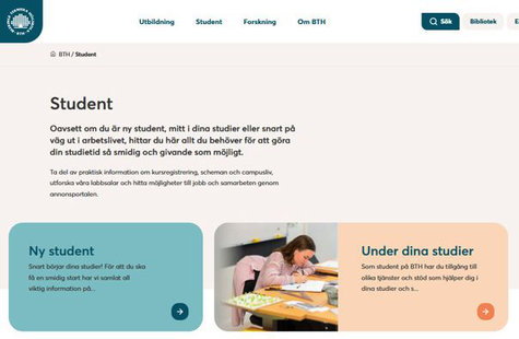 Skärmdump av studentsidor på nya webben