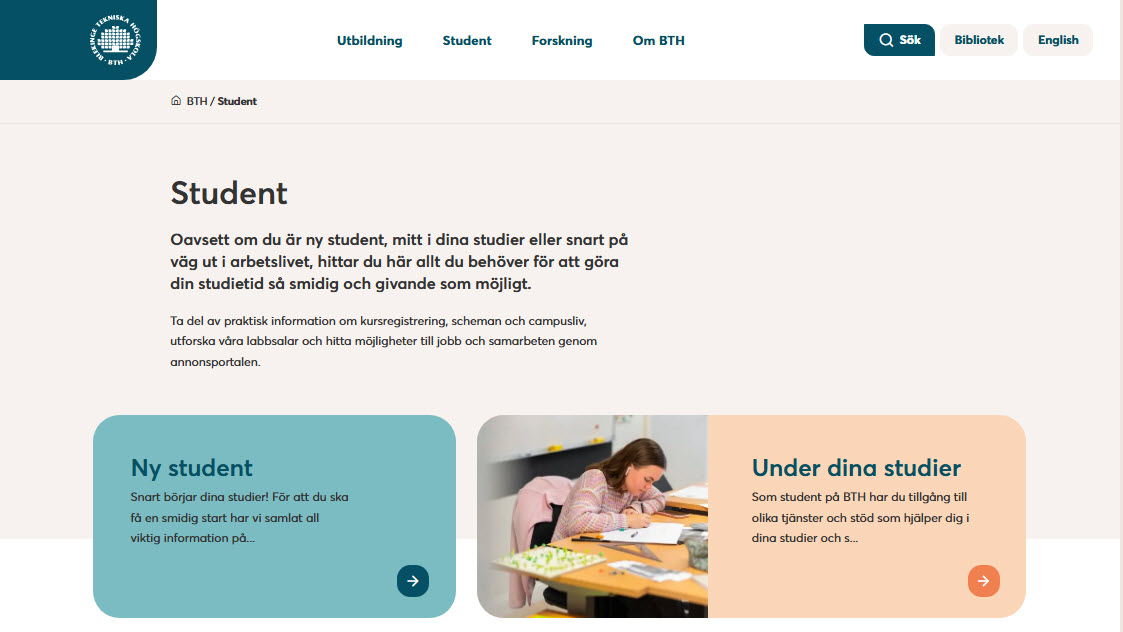 Skärmdump av ny webb för studenter